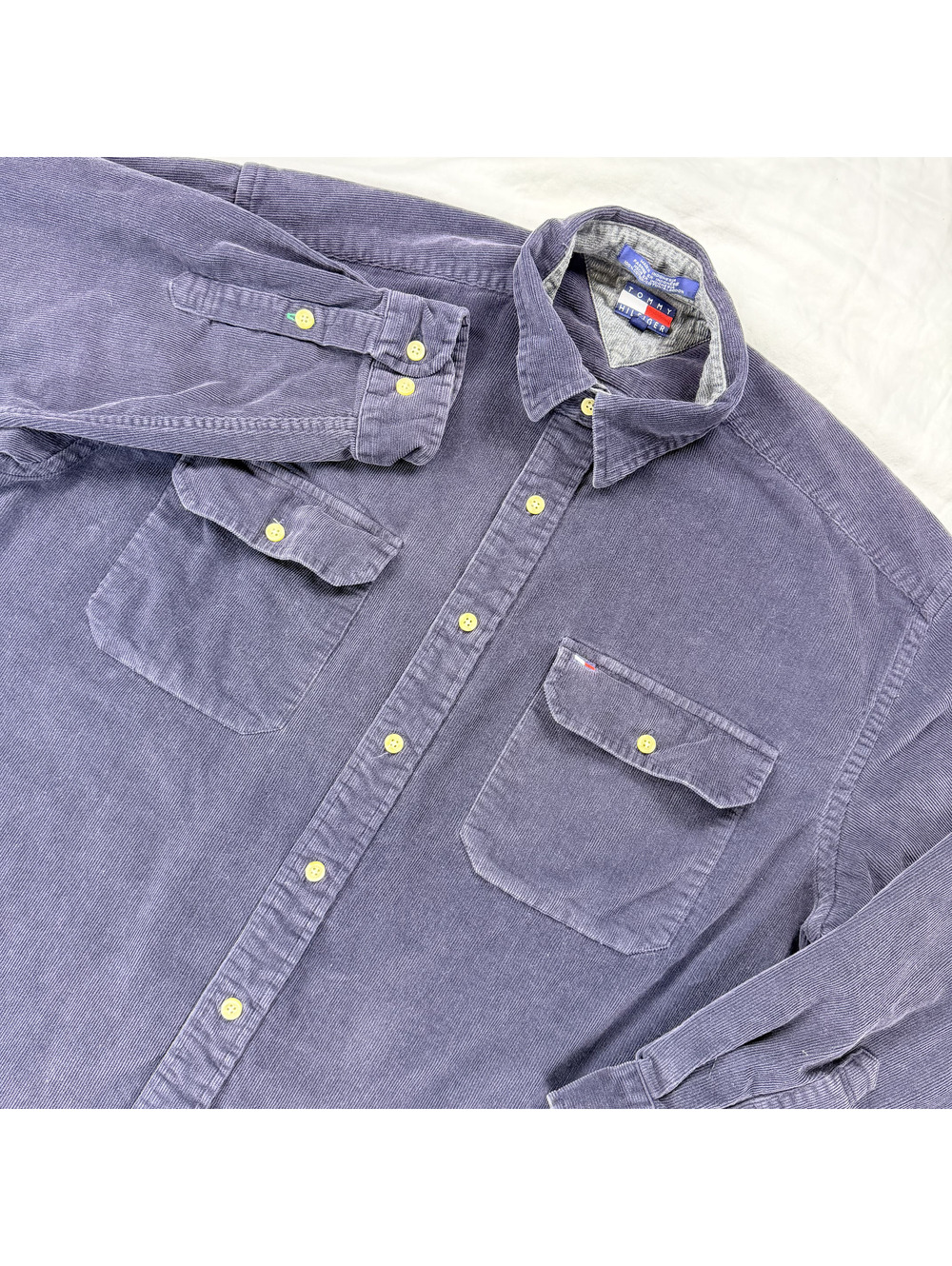 Vintage 90s Tommy Hilfiger Corduroy Shirt Mens L Navy Blue Flag Logo 2 Pocket